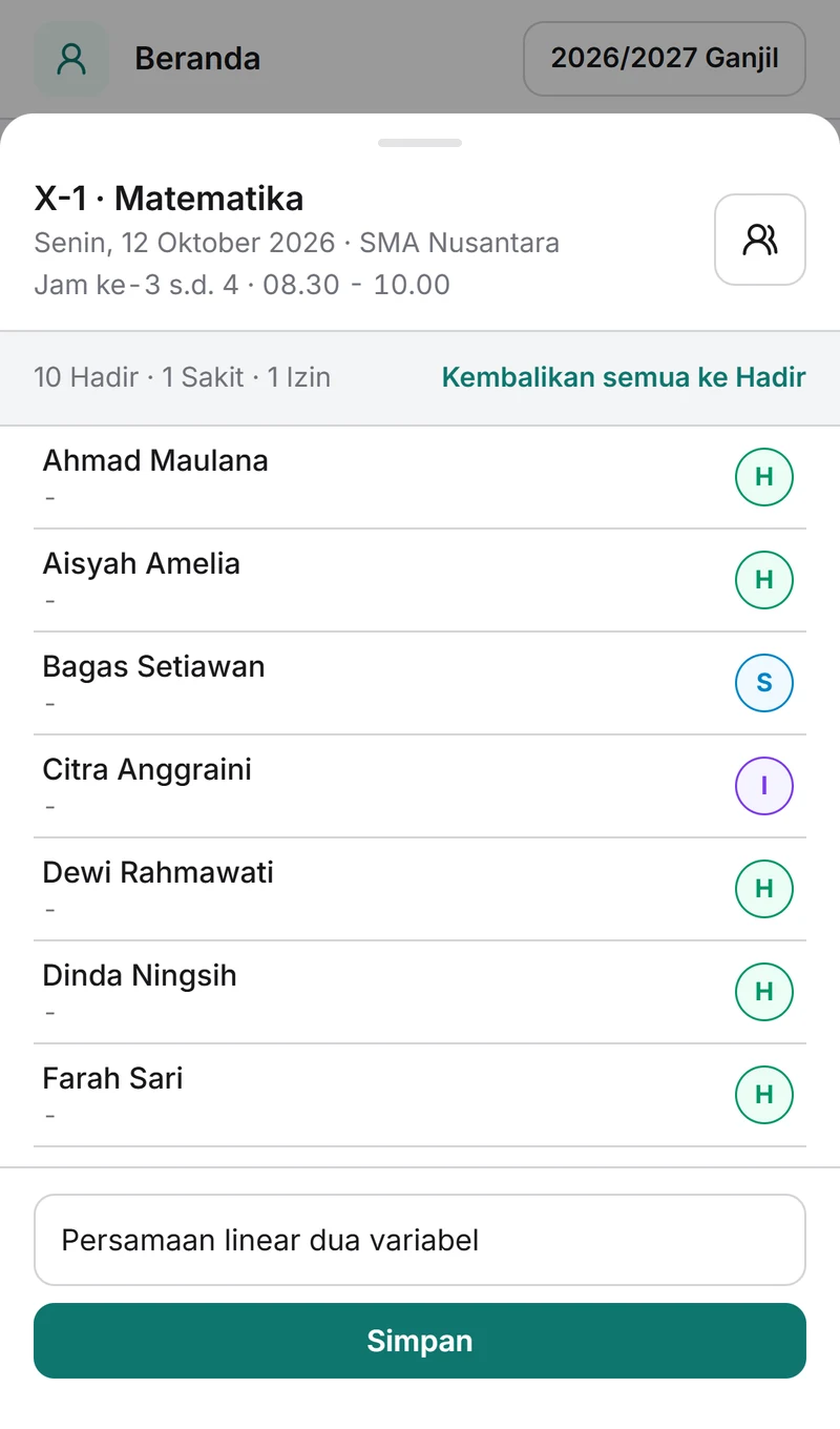 Lembar Kehadiran X-1 Matematika: 10 hadir, 1 sakit, 1 izin, dengan materi Persamaan linear dua variabel.